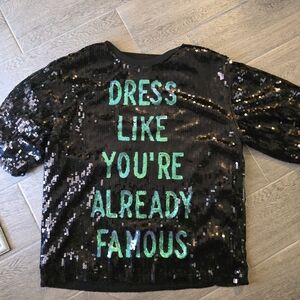 Black Sequin Top with Green Text